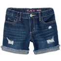 Girls Roll Cuff Distressed Denim Midi Shorts