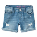 Girls Roll Cuff Distressed Denim Midi Shorts