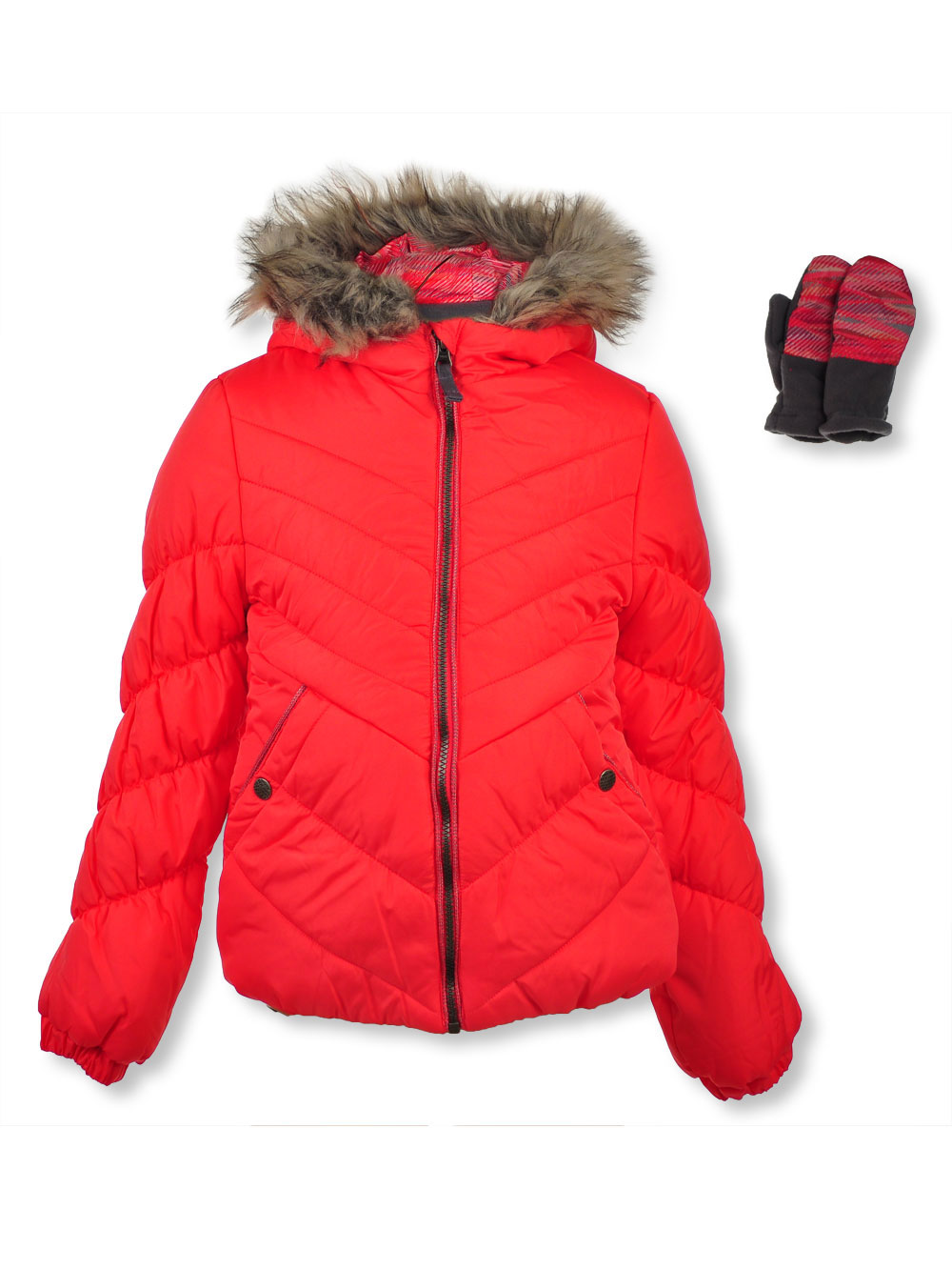 GIRLS’ GRAPHIC HOOD INSULATED JACKET WITH MITTENS