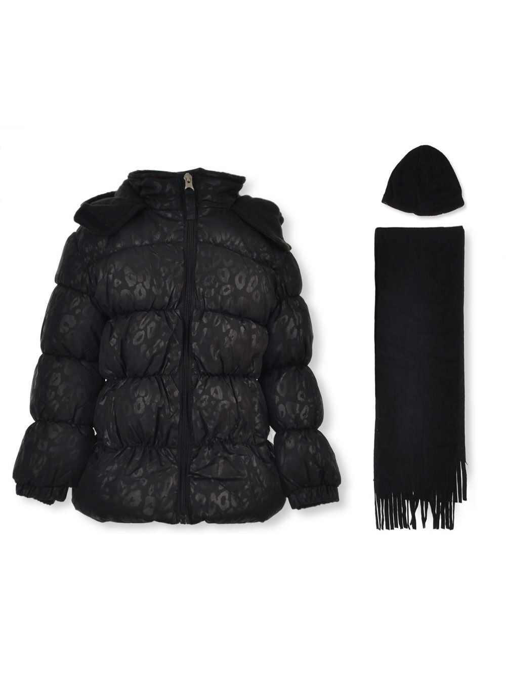 GIRLS’ SUBTLE LEOPARD INSULATED JACKET WITH HAT & SCARF